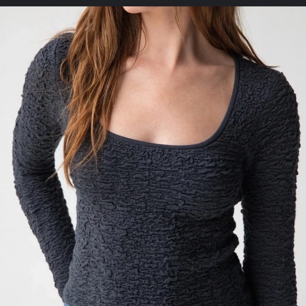 Natural Life Danielle Square Neck Textured Long Sleeve Top in Navy - Picture 2 of 6